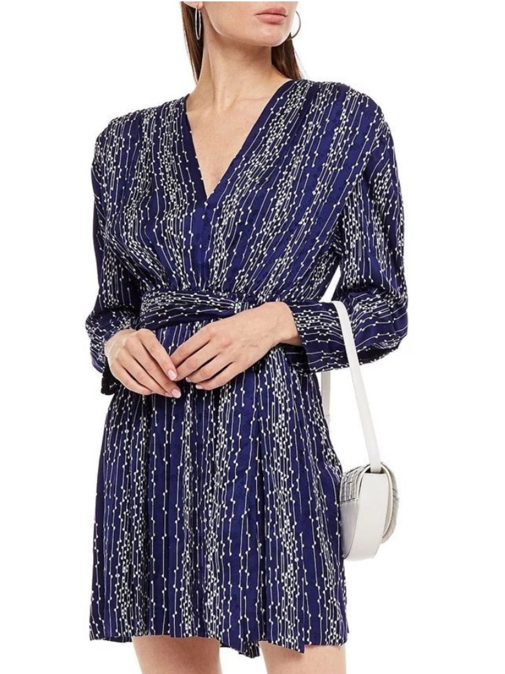 Sandro Navy and White Printed V-Neck Mini Dress